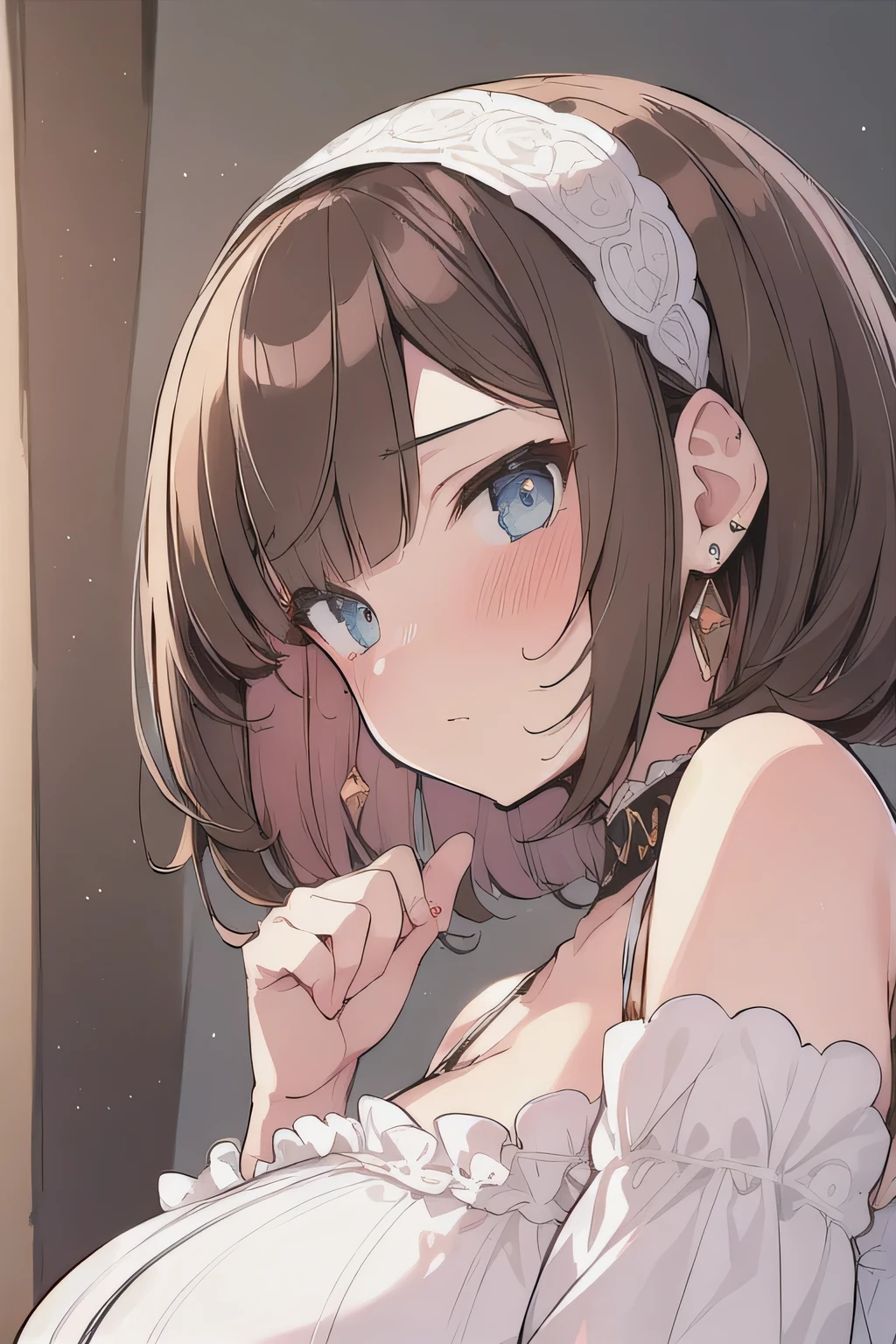 (best quality), (Super detailed), (Best Illustration), (1woman), look at viewer, from side, (off shoulder top), (Big Breasts:1.2), {brown hair, (bob cut:1.2), curly hair, hairs between eyes}, {(detailed eyes), heart-shaped pupils, blue eyes}, blush, sweat, steam, earrings, hairband,