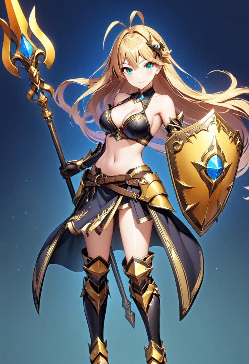 1girl solo long-hair shield blonde-hair weapon armor polearm breasts navel full-body boots black-background looking-at-viewer cleavage holding spear medium-breasts holding-weapon armored-boots midriff bare-shoulders simple-background antenna-hair high-heels green-eyes standing hair-ornament gauntlets greaves bikini-armor holding-polearm skirt holding-shield gloves collarbone blue-eyes very-long-hair aqua-eyes high-heel-boots floating-hair smile elbow-gloves