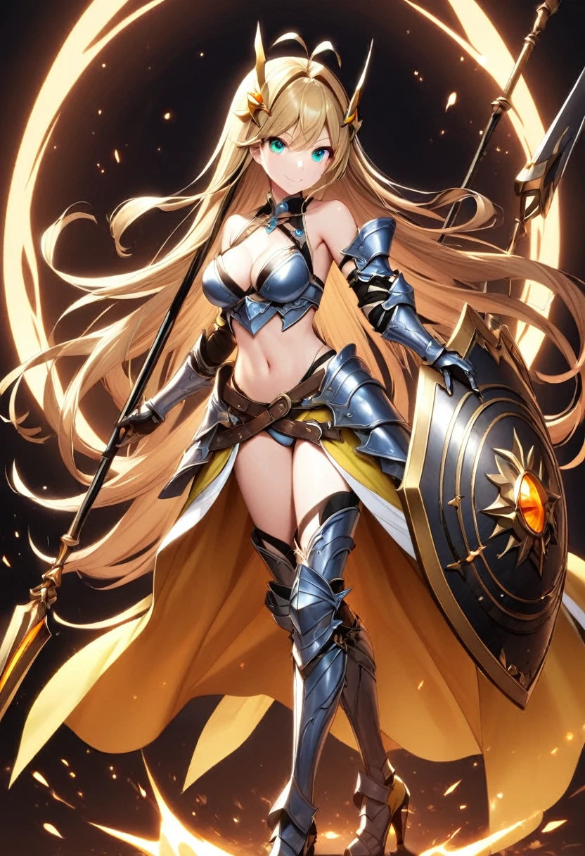 1girl solo long-hair shield blonde-hair weapon armor polearm breasts navel full-body boots black-background looking-at-viewer cleavage holding spear medium-breasts holding-weapon armored-boots midriff bare-shoulders simple-background antenna-hair high-heels green-eyes standing hair-ornament gauntlets greaves bikini-armor holding-polearm skirt holding-shield gloves collarbone blue-eyes very-long-hair aqua-eyes high-heel-boots floating-hair smile elbow-gloves