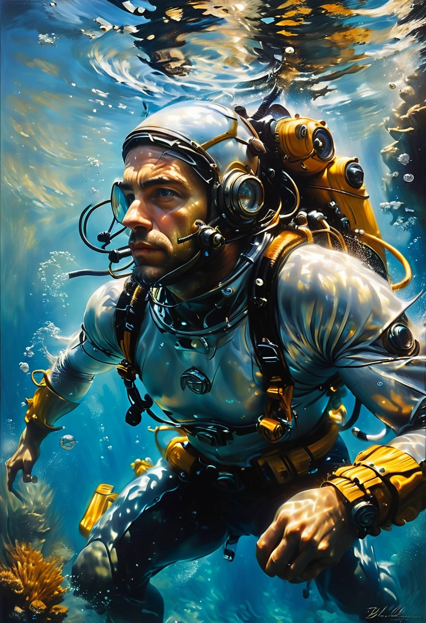 Diving man, underwater, by Bill_Brauer, best quality, masterpiece, very aesthetic, perfect composition, intricate details, ultra-detailed