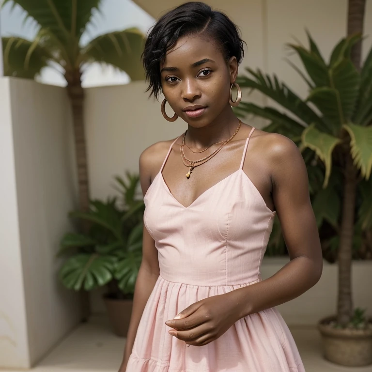 her name is Chrsotine, high quality, 1girl, ((20-year-old fit Caucasian woman)), ((20 years old)), ((fit)), ((Halo Braid)), pose: standing, wearing unique Generation-Z modern wear, BACKGROUND: Caribbean nation of Hispaniola, smiling