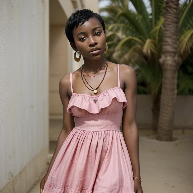 Young black west African girl with very short cut hair, who wears a decent pink summer dress that looks great on her skin. She also has beautiful little earrings and a little necklace. C’est une influenceuse youtubeuse. Elle aime la mode.