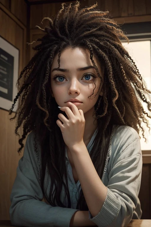 a nervous frantic nail biting jittery person with wide eyes and wild hair