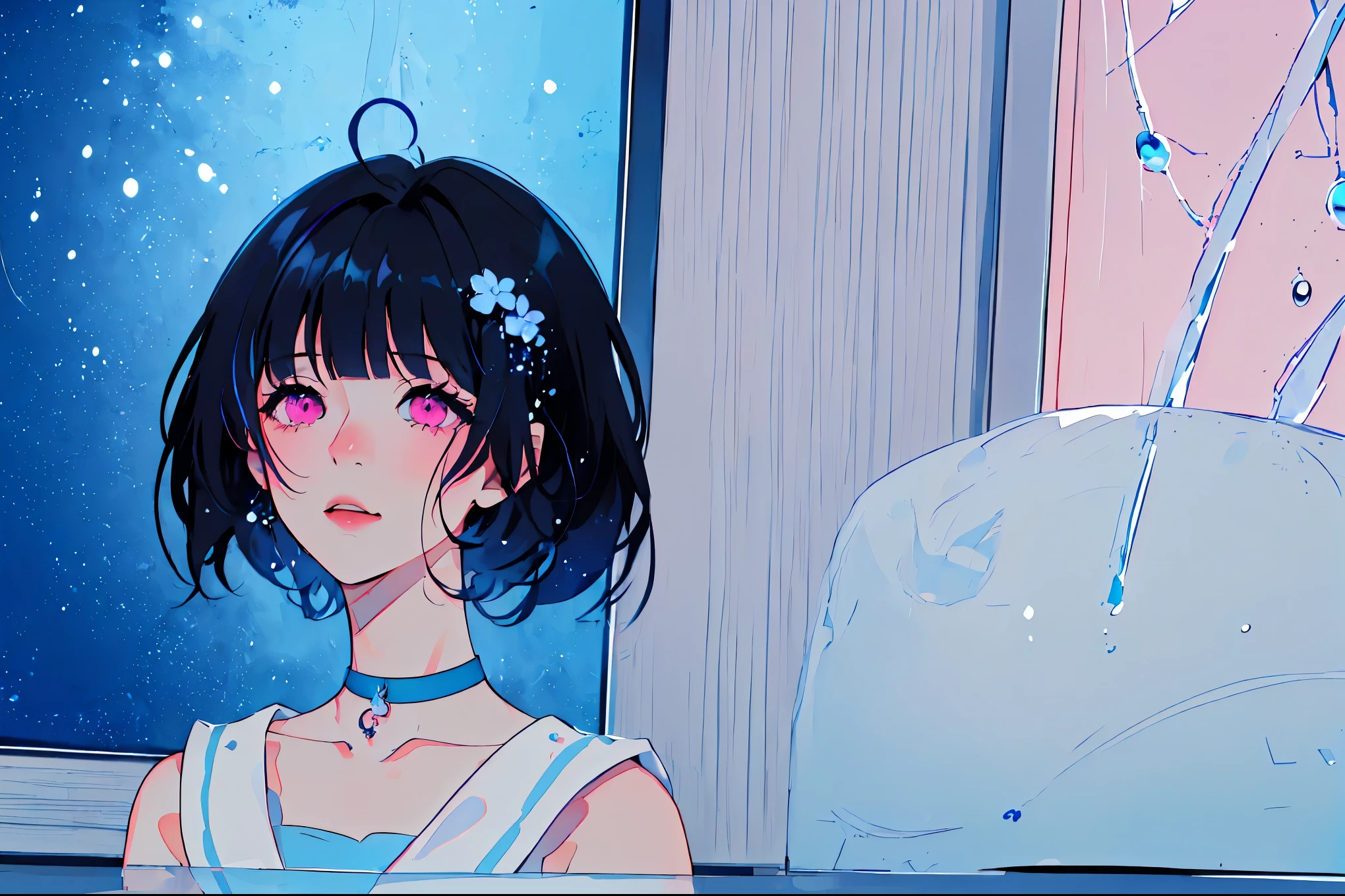 {{{{masterpiece}}}}, {{{Super detailed}}}, {{{high resolution}}},{{high resolution:1.3}}, {{good anatomy}}, (((best quality))), ((in school,indoor,blue theme,anime style,anime girl)),(((pink eyes,black hair streaked blue inside))),(big perfect eyes),((yandere,dark eyelash)),(((smart casual in pale blue color,collarbone, hair ornament, blueberry,dress, jewelry, choker,necklace, bare arms,waterdrops,soaked))), hairclip, {8k cg wallpaper}, {{illustration,zoom in,focus on face,close-up shot, looking out a window}},((floating hair|blunt bangs|short hair|curly perm))smile,(1girl:1), bride,solo,alone,(Color difference:1.2),emotionless,blushing,neat face,(medium breasts),((The details are complex、Shallow depth of field、movie lighting、a Canon EOS R5、50mm lens、f / 2.8、shot at 8k resolution))