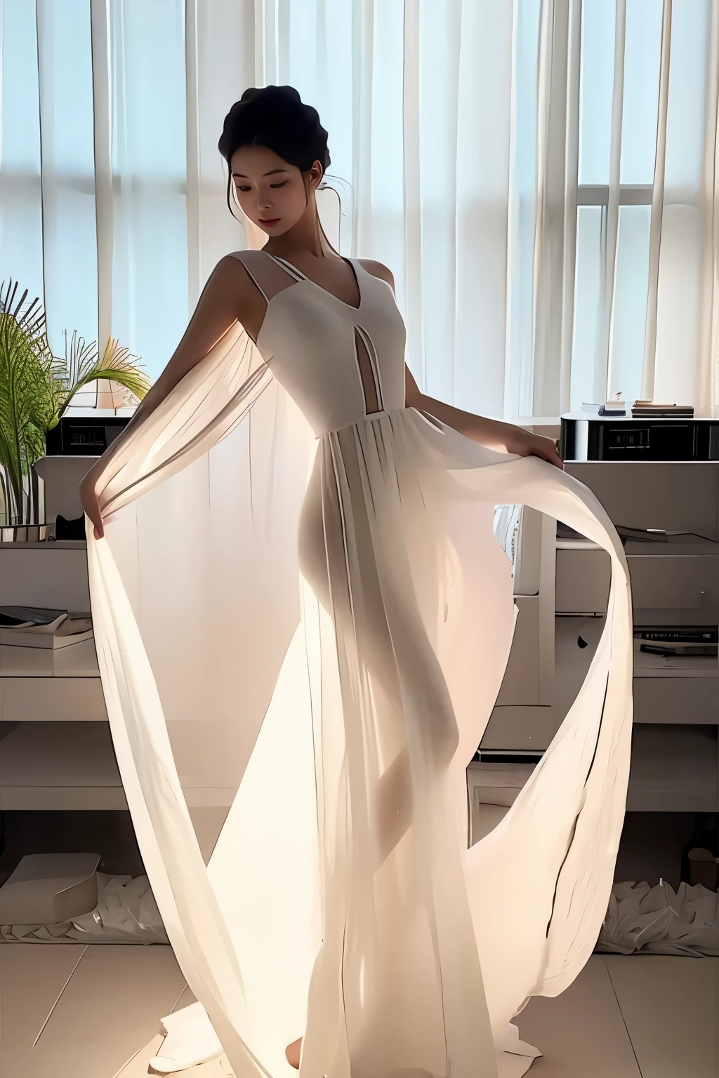 (masterpiece, best quality:1.2), 1girl, solo, delicate face, white-skinned female, see-through silhouette, white dress, full body, indoor
