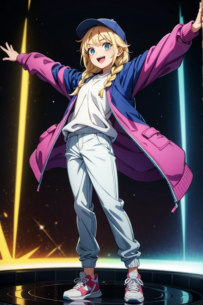 a cartoon character of a girl poses with her arms stretched out high, 1girl, solo, hat, blue eyes, twin braids, blonde hair, jacket, pants, shirt, braid, shoes, white shirt, sneakers, full body, open jacket, smile, looking at viewer, open mouth, white headwear, long hair