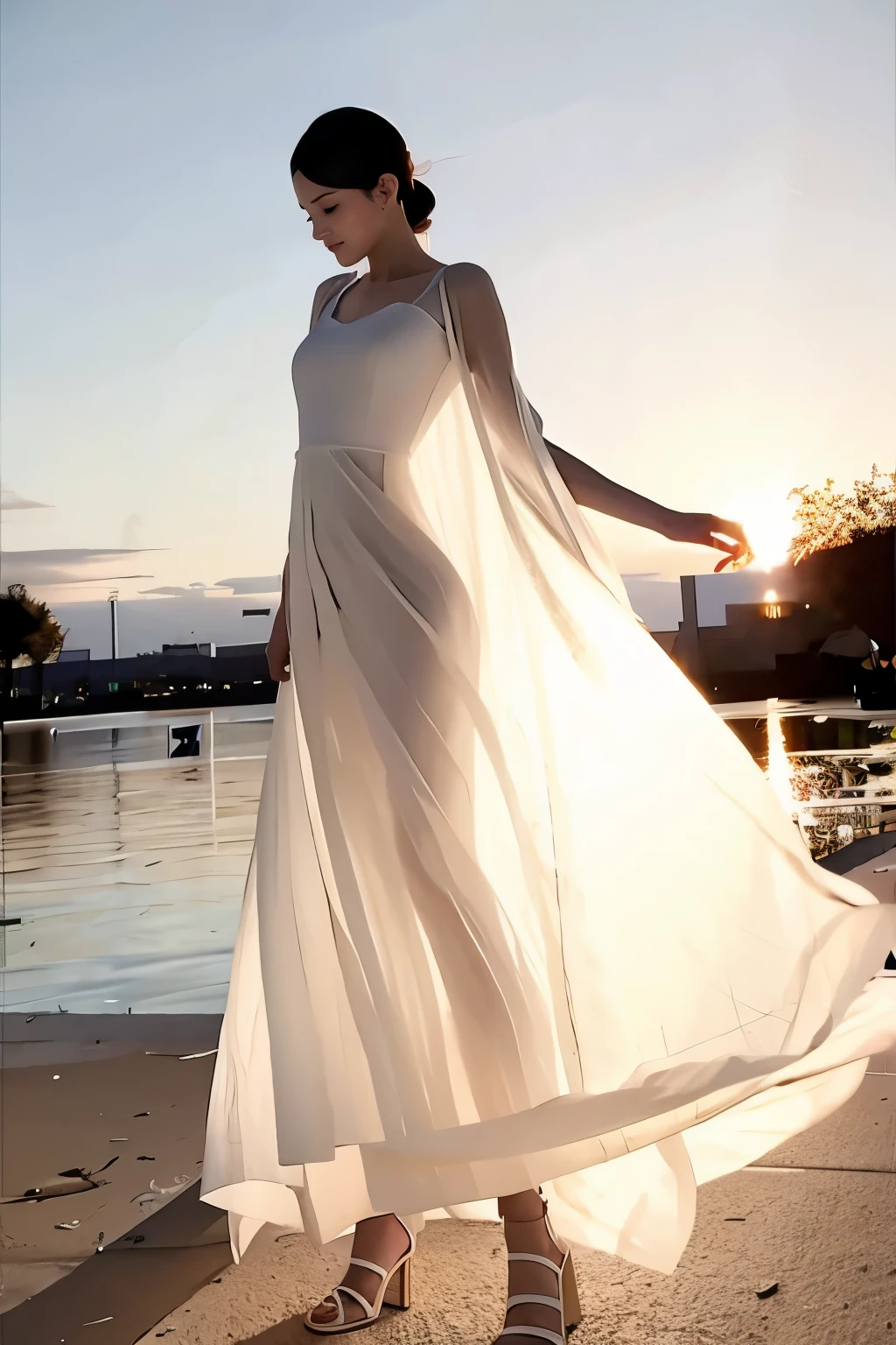 (masterpiece, best quality:1.2), 1girl, solo, delicate face, white-skinned female, see-through silhouette, white dress, full body, outdoor