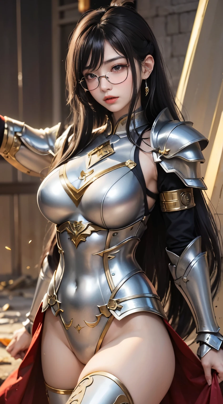 "(highest quality: 1.2), masterpiece, extremely detailed 8k uhd, ((Official Art)), CG, 1 Ultra-Detailed Goddess of War, A temple in the ruins of a ruined empire々Standing Up Together, (Dynamic posture: 1.3), Thick armor reveals the heart of the conflict, (Finer details), Shine光, Places with strong light, (armor of historical importance:1.2), Shine金属の鎧, (鎧にShine魔法のシンボル:1.3), (There was magic all around her.:1.3), Long black hair waving in the wind in every detail, Detailed Weapon Holding, (Sharp Sword, Shine:1.3), 決意とビジョンに満ち溢れたShine瞳, ((Silver Armor)), A shield that reproduces the symbol of immovability with ultra-precision., (intense expression:1.1), (After her, A new empire is soaring into the sky: 1.4), (Light is、Highlighting her dominance and rebirth behind the scenes:1.4), (Fiery red flags fluttered:1.1), (The wind carries whispers of new beginnings:1.1), (wisdom and rebirth:1.2), (Strong stance:1.2), (Overwhelming Mystical Power:1.2), alone, (Shine汗:1.1), gem armor, (The contrast between silver and gold:1.3), (The overall red color covers the scenery:1.4)"