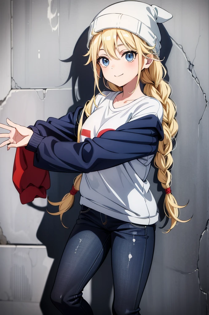 masterpiece,best quality,1girl,solo,medium breasts,wide hips,marcille donato,elf,pointy ears,blonde hair,long hair,twin braids,green eyes,hair ribbon,red ribbon,forehead,cool and edgy attire,baggy pants,oversized hoodie,fashionable accessories,hip hop jewelry,grin,((hands in pockets)),urban and street style,graffiti-inspired colors,confident expression,graffiti walls,energetic and vibrant atmosphere,dutch angle,<lora:Concept-control tool-add_detail-CyberAIchemist:0.8>,<lora:CHAR-Delicious in Dungeon-Marcille Donato-v1-AI_popai:0.7>,