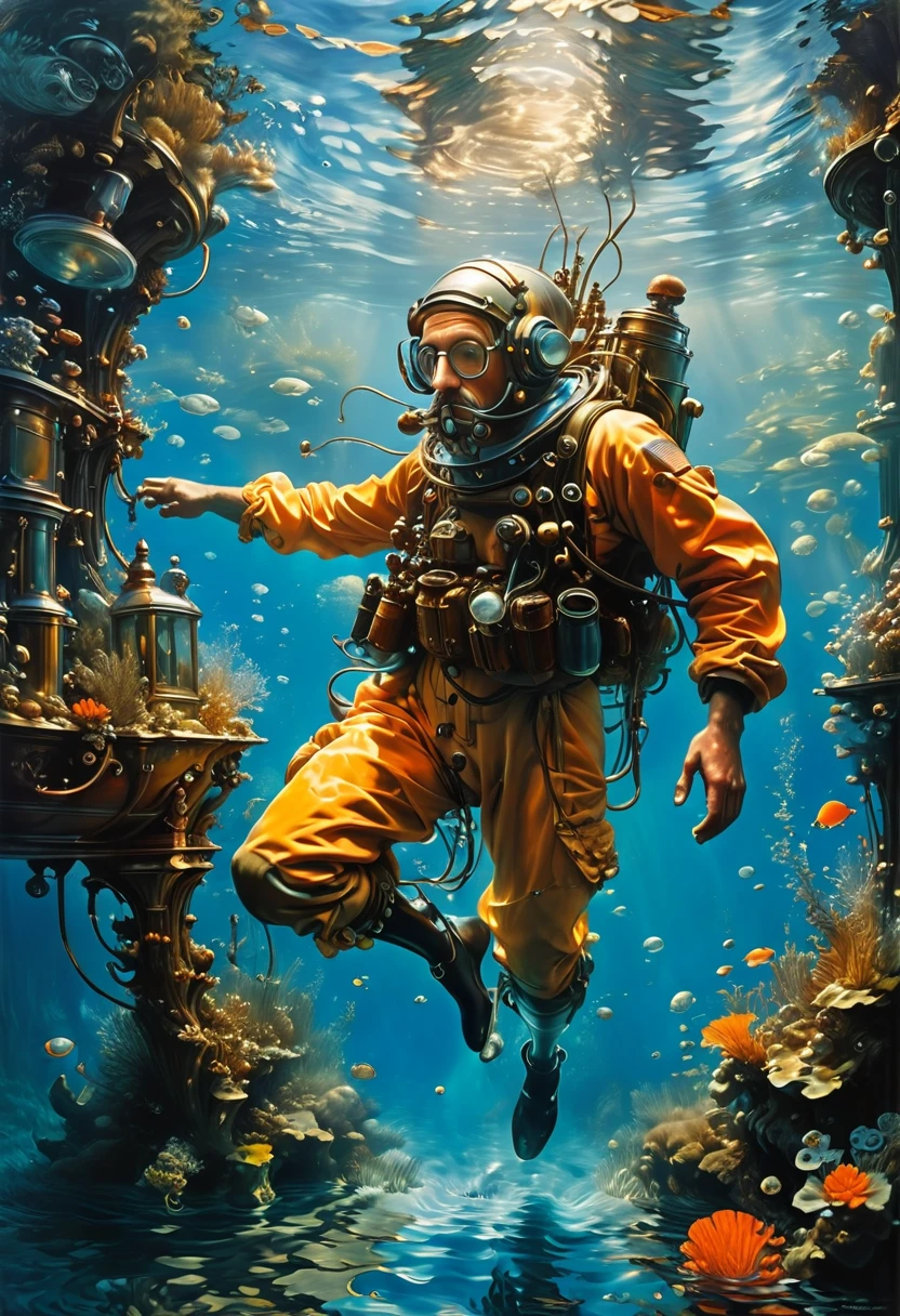 Diving man, underwater, by Abraham Pether and W. Heath Robinson, best quality, masterpiece, very aesthetic, perfect composition, intricate details, ultra-detailed