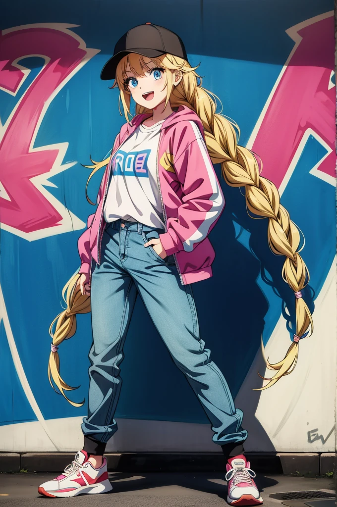 an anime image of a female anime character posing while standing near a graffiti mural, 1girl, hat, blue eyes, blonde hair, jacket, pants, braid, shoes, twin braids, sneakers, long hair, open mouth, smile, multicolored jacket, shirt, full body
