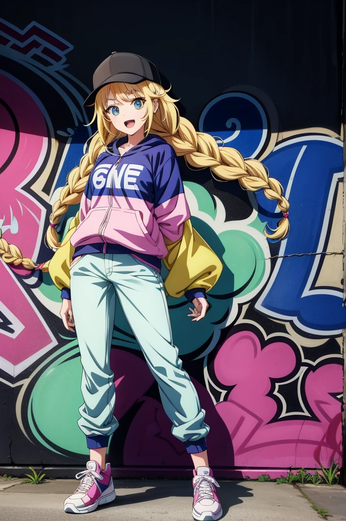 an anime image of a female anime character posing while standing near a graffiti mural, 1girl, hat, blue eyes, blonde hair, jacket, pants, braid, shoes, twin braids, sneakers, long hair, open mouth, smile, multicolored jacket, shirt, full body