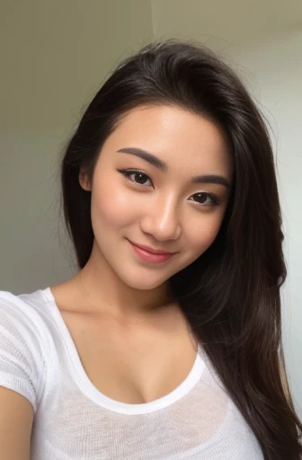 20 years old woman, (photorealistic:1.4, realistic), highly detailed CG unified 8K wallpapers, 1girl, (thick body:0.8), face infront of camera, (HQ skin:1.4), 8k uhd, dslr, soft lighting, high quality, film grain, Fujifilm XT3, (((thin tight t-shirt))), (light from backs background), (black long hair), ample cleavage, big round breasts, half body shots, blushy smile