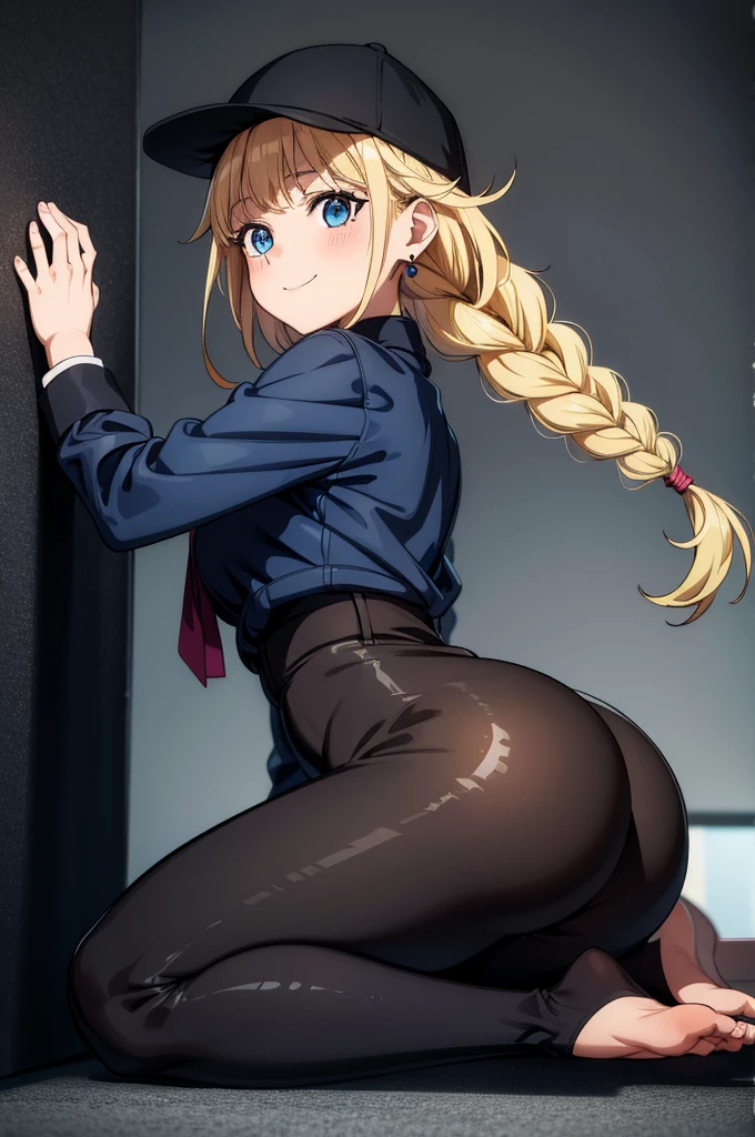 (((grayscale)))(masterpiece:1.2, best quality), (graffiti wall:1.15), 1lady, beanie, jacket, Leggings, blue eyes, fullbody,1 girl, office lady, wearing a high neck knit dress of light green, earrings, brown hair, cute face, smile, blushing, in the office, back view, backward, low angle, put a head under the desk, look for documents under the desk, kneel down, falling flat ,Eiko Tsukimi, blue eyes, braid, twin braid,(((blonde hair))),baseball cap