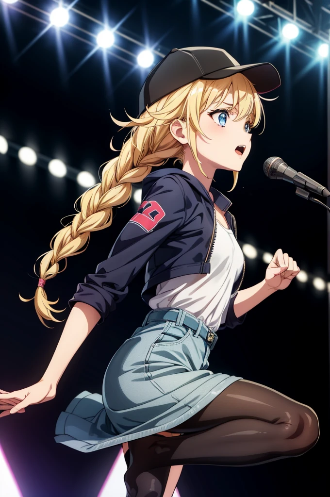 (((grayscale)))(masterpiece:1.2, best quality), (graffiti wall:1.15), 1lady, beanie, jacket, Leggings, blue eyes, fullbody,1 girl, Generate a highly detailed anime artwork featuring a confident and stylish girl with long, straight black hair, dressed in a modern outfit consisting of a fitted top with a bold, colorful pattern, paired with high-waisted skinny jeans. She stands at the center of a grand stage, bathed in the spotlight of vibrant, colorful lights. The stage is adorned with professional equipment and surrounded by an enthusiastic audience, cheering and applauding her performance. The girl's expression exudes passion and determination as she sings her heart out, captivating the audience with her powerful voice and stage presence. The atmosphere is electric, filled with energy and excitement, as the girl delivers an unforgettable performance that leaves a lasting impression on everyone in attendance.,Eiko Tsukimi, blue eyes, braid, twin braid,(((blonde hair))),baseball cap