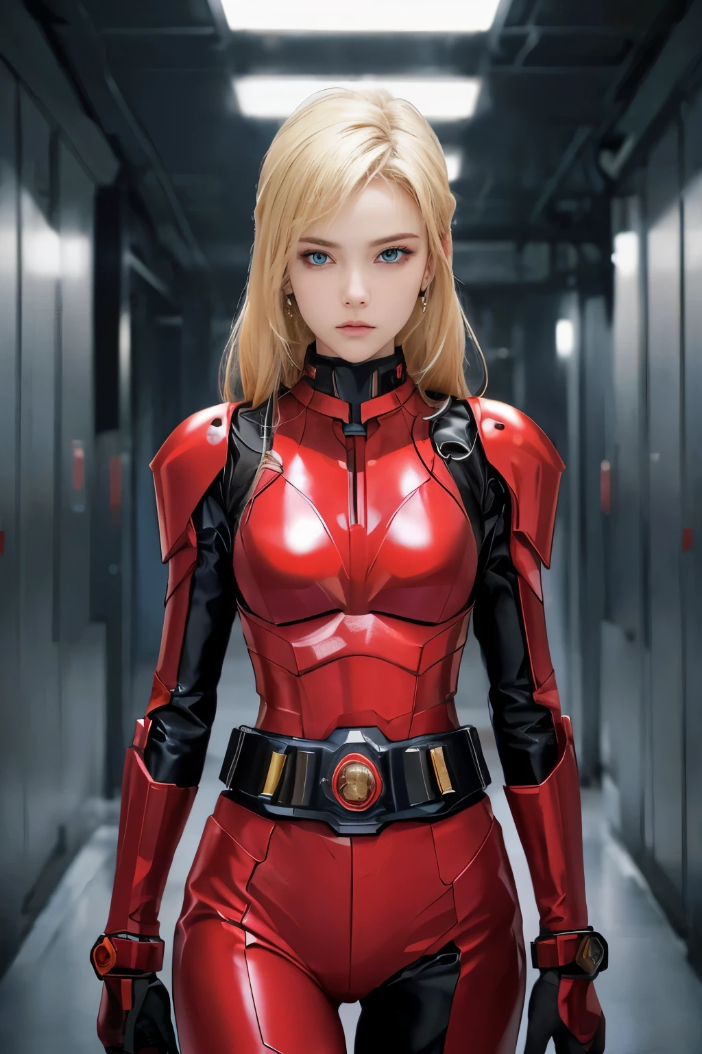 A beautiful woman. She has an angry look on her face.Blonde hair and blue eyes. She is looking at the camera with a defiant expression. 18 years old. She wears a red, metallic combat uniform that fits her body perfectly. ((There is something on his waist that is reminiscent of Kamen Rider's transformation belt.)) She is standing in the hallway of the space battleship.