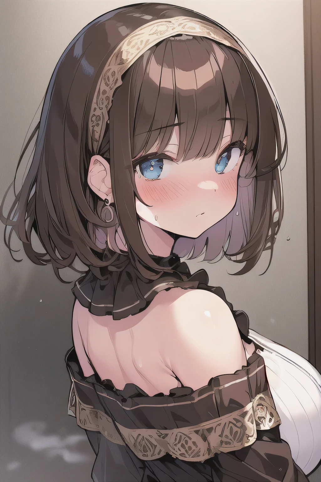 (best quality), (Super detailed), (Best Illustration), (1woman), look at viewer, from side, (off shoulder top), (Big Breasts:1.2), {brown hair, (bob cut:1.2), curly hair, hairs between eyes}, {(detailed eyes), heart-shaped pupils, blue eyes}, blush, sweat, steam, earrings, hairband,