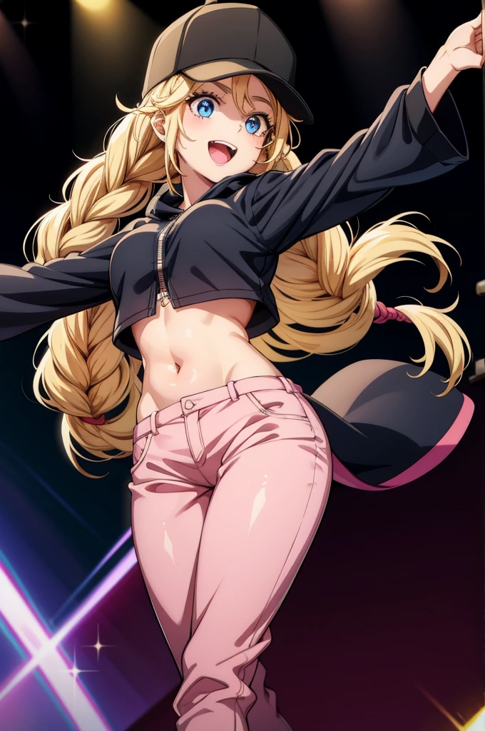 a cartoon female in a black top hat and pink cape holding a stick in her hand as she dances near stage lights, 1girl, solo, hat, twin braids, blue eyes, braid, blonde hair, midriff, jacket, pants, long hair, stage lights, open mouth, navel, baseball cap, smile, crop top, breasts, black headwear