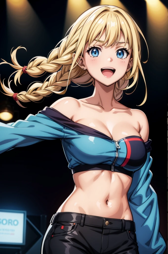 a comic strip girl character model by digital artist from japan kurisutasu kohyo, 1girl, twin braids, solo, blue eyes, braid, breasts, black pants, long hair, blonde hair, pants, navel, spotlight, jacket, open mouth, smile, stage lights, midriff, halterneck, looking at viewer, blue jacket, bare shoulders, open jacket, off shoulder, cleavage, open clothes, crop top, :d