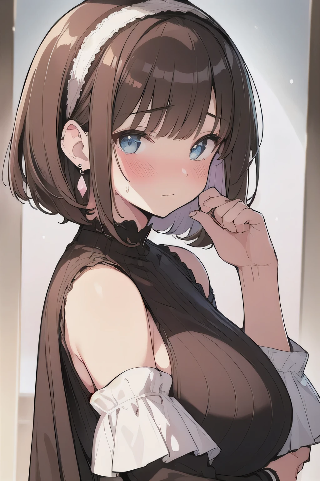 (best quality), (Super detailed), (Best Illustration), (1woman), look at viewer, from side, (off shoulder top), (Big Breasts:1.2), {brown hair, (bob cut:1.2), curly hair, hairs between eyes}, {(detailed eyes), heart-shaped pupils, blue eyes}, blush, sweat, steam, earrings, hairband,