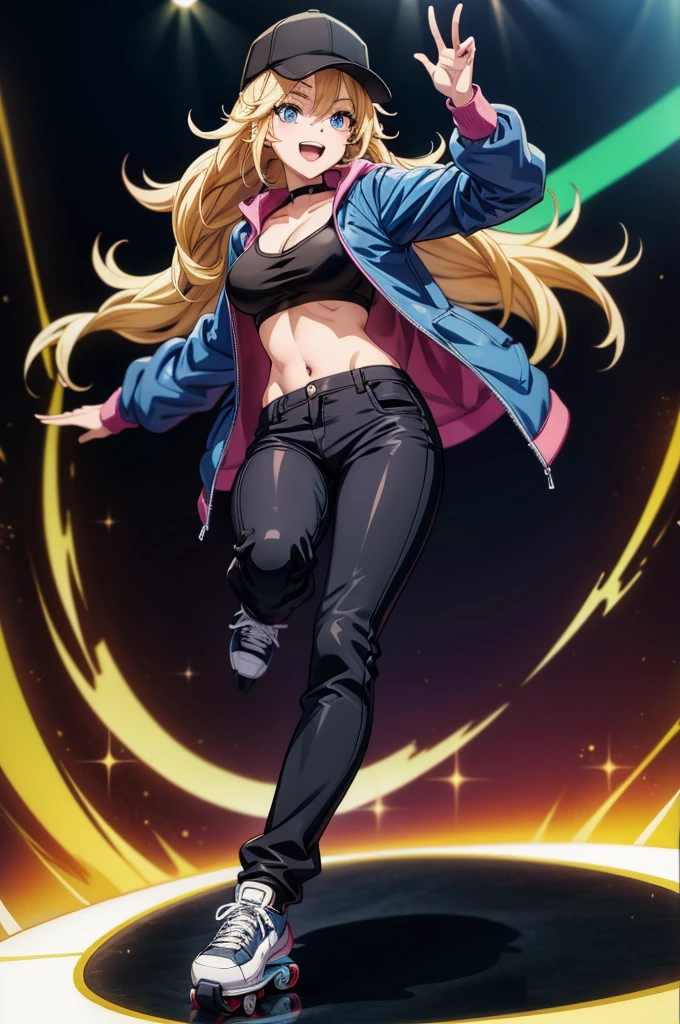 a female anime style character with long blonde hair wearing a black jacket is spinning on her skates, 1girl, breasts, solo, long hair, navel, blue eyes, pants, blonde hair, hat, jacket, baseball cap, stage lights, open clothes, cleavage, open mouth, midriff, large breasts, open jacket, smile, blue jacket, black pants, looking at viewer, mole, full body, shoes, long sleeves, black headwear, mole on breast, black footwear, crop top, sneakers