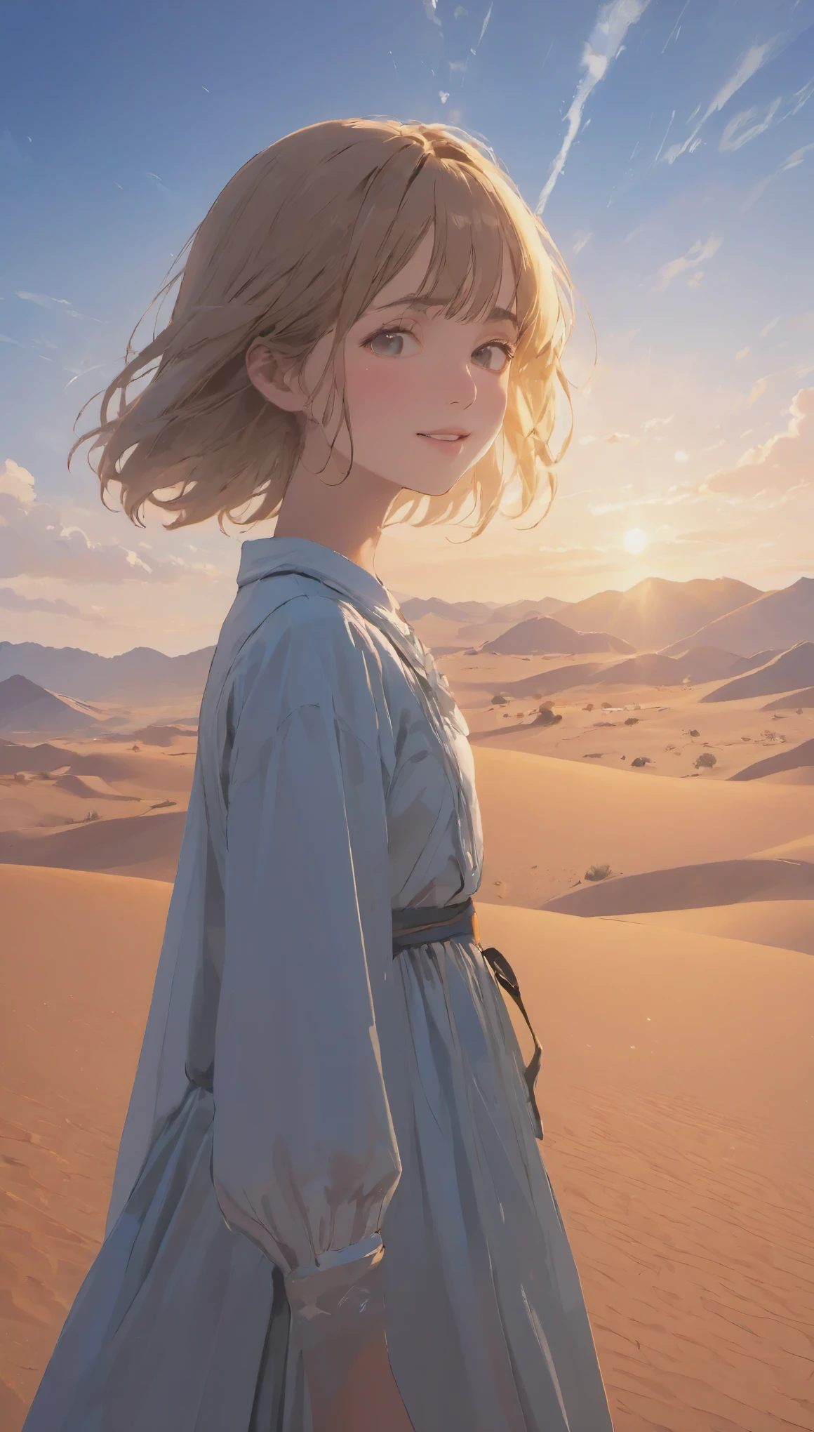 masterpiece, highest quality, Movie stills, 1 girl, Cloud Girl, desert,赤い砂のdesert、 close, bright, Happy, Warm and soft lighting, sunset, (spark:0.7)