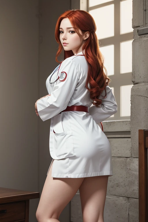 (((HD photo))), ultra high resolution.realistic:. 1.4, ultra high resolution, masterpiece, trending on artstation, portrait painting, Full body shot, one girl, Cute, Cute顔, round ass,the most beautiful in the world, split, soft, gentle, (long red hair), ideal figure, (Wearing a white doctor'uniform:1.2), rely on, Have a stethoscope:1.4, medical fetish, inspection, sunlit, History of the parish, SFV