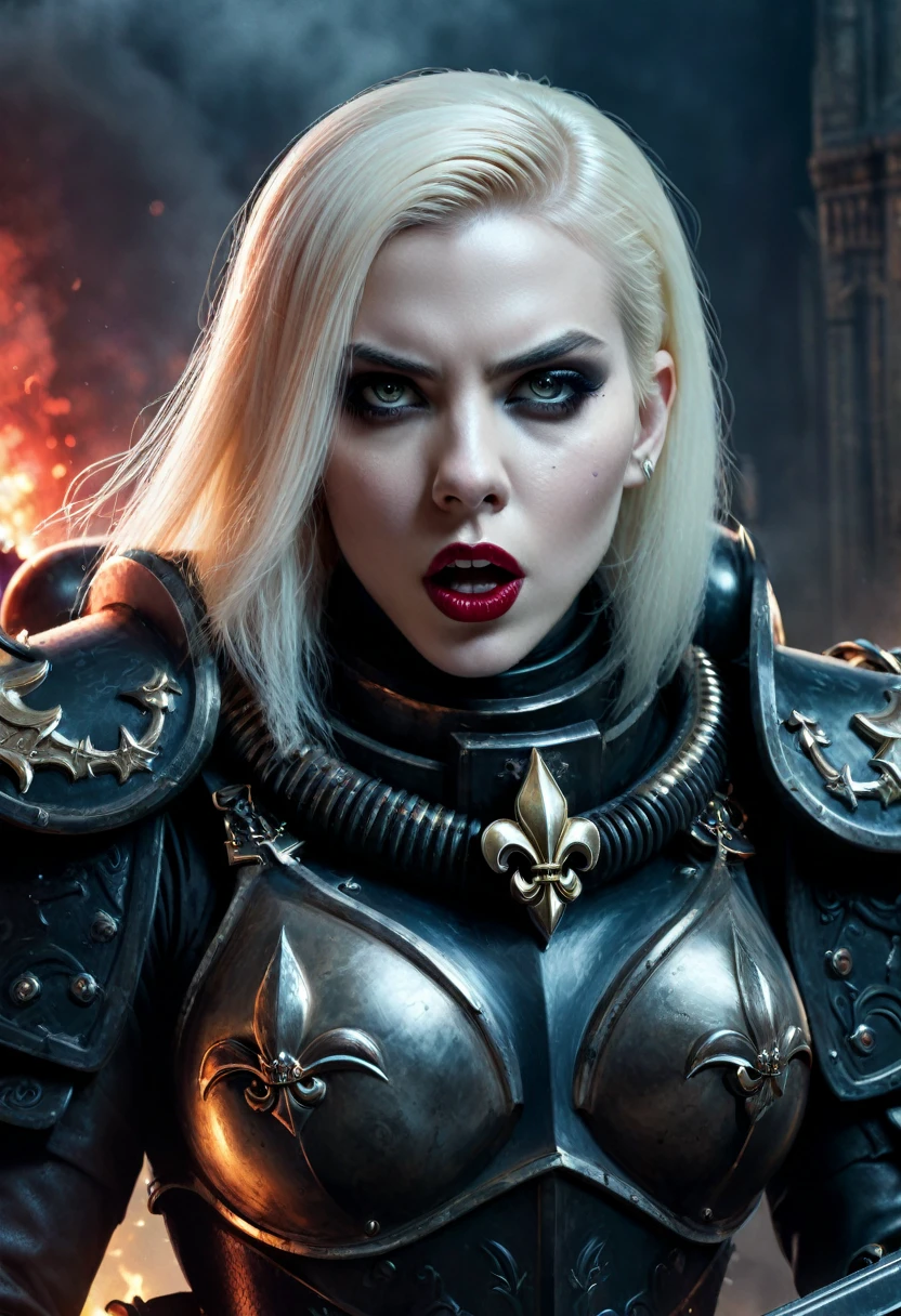 Hyper photo realistic picture perfect sisters of battle,hyper realistic gorgeous face,thin curved eyebrows, black eyeliner,black eye shadow, ruby lipstick, long luscious platinum blonde hair, cinematic action shot of a group of adepta sororitas, abstract concept art in the style of, Apterus, Zdzislaw Beksinski,
wearing full metal armor, (ORDER OF ARGENT SHROUD:1.2), (fleur de lis:1.2), holding weapon, (rifle, bolter:1.3), (scarlett johansson:0.9), (dark eyeshadow:1.1), goth makeup, detailed realistic skin, matte skin texture, skin imperfections, (angry:1.2), grim, shouting, (firing at viewer:1.3), in battle, (fighting stance:1.1),
detailed background, gothic ruins in the background, war, smoke, fog, (dim lighting:1.2), action movie poster,
dark art (masterpiece:1.1), (high resolution RAW photo, hdr:1.1) film grain, cinematic bokeh, depth of field, analog style, detailed, intricate, best quality, high quality, high res, absurdres, official art, grimdark, warhammer 40k, neon sapphire eyes,
