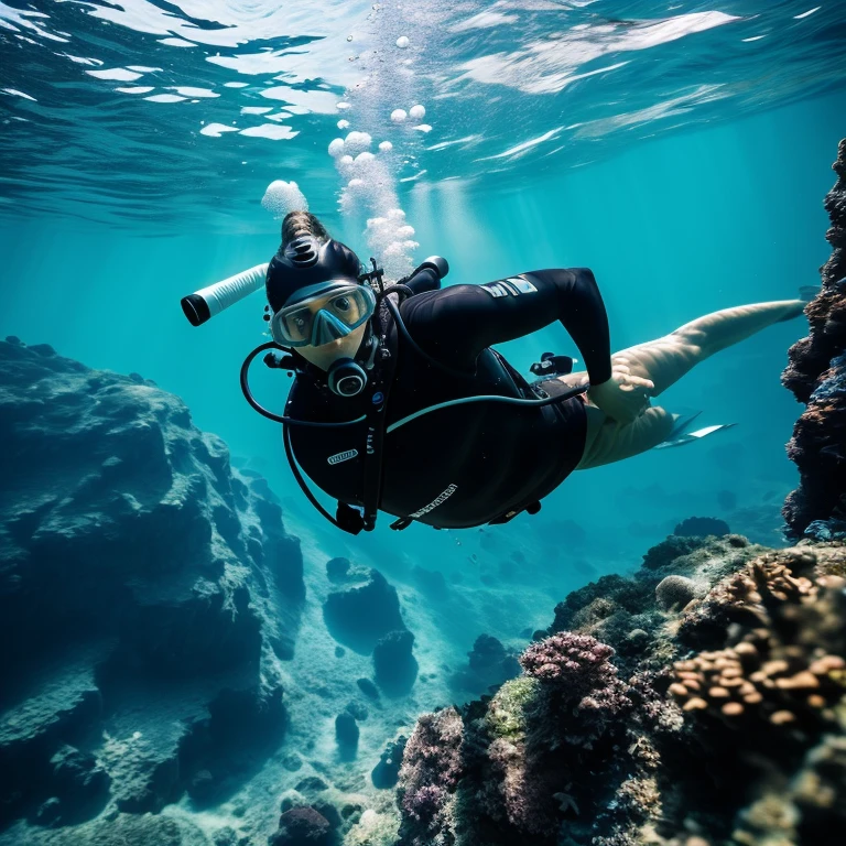 Diving man, underwater, best quality, masterpiece, very aesthetic, perfect composition, intricate details, ultra-detailed