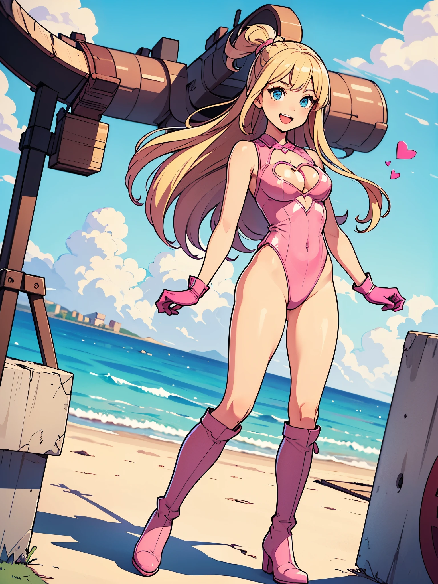 ((masterpiece)), ((best quality)), ((high res)), 1girl, solo, solo focus, (leotard, perfect leotard, pink leotard, sleeveless, bare legs), matching boots, looking at the viewer, miami city backdrop, perfect eyes, perfect legs, perfect arms, perfect hands, complete fingers, perfect anatomy, perfect proportions, medium breasts, (blonde hair, long hair, hair down, bangs), knee boots, blue eyes, beautiful detailed eyes, beautiful detailed face, cute face, (cleavage heart cutout), pink gloves, pink footwear, superhero, casual, smile, single, flying like a superhero, full body with costume, :d