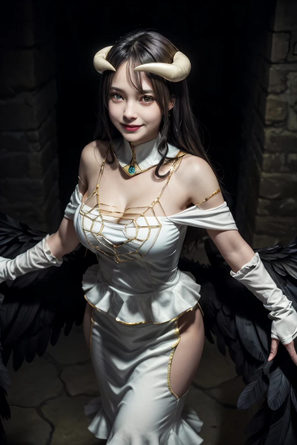 Professional , masterpiece、top-quality、photos realistic , depth of fields 、(A dark-haired) 、(Gemstone White Metal Body:1.4),(Matte White、Jewel Gold Weapon、(maikurobikini),Gorgeous metal weapons ,Particles of light、(Fight dragons)、(Black wings)、(( Detailed and gorgeous sword of the brave)) ,Light Effects、intense fighting、Wind-effect、magic circles、 (A dark-haired) ,Fight legions of soldiers in skeleton armor 、With the legendary magic wand、Dragon's tail、explosions、((maikurobikini))、((Gangle's forest background))、Beautiful Caucasian beauty、1a person、dynamic ungle,(((Details of the two demon horns on the head)))、Smaller head、A smile、Background inside the castle、Thin and beautiful female hands、cleavage of the breast、Mystical expression、Light Effects、Wind-effect、(wingspan)、Toostock、Anatomically correct body、Battle Pose、