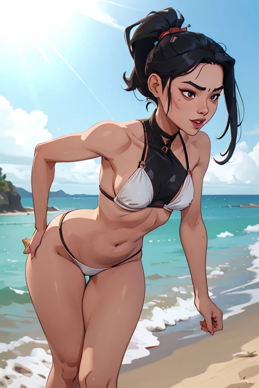 Risa1, Solo, Japanese girl, Liu Yifei, 1girl, (asymetric shoulder long black hair, open hair), belly button, showing camletoe and nipple silhouette, small seductive lips, smirking, skin, ponytail, downturned nose, high detailed face, 4k, looking at camera , camletoe, (small breasts, narrow waist,wide hip,athletic body,inflated legs,thick thighs,(detailed face)),beautiful detailed lips, cute,slutty,sensual,seductive look,seductive, smiling, open mouth, white tiny string bikini, tiny string underwear, standing on beach