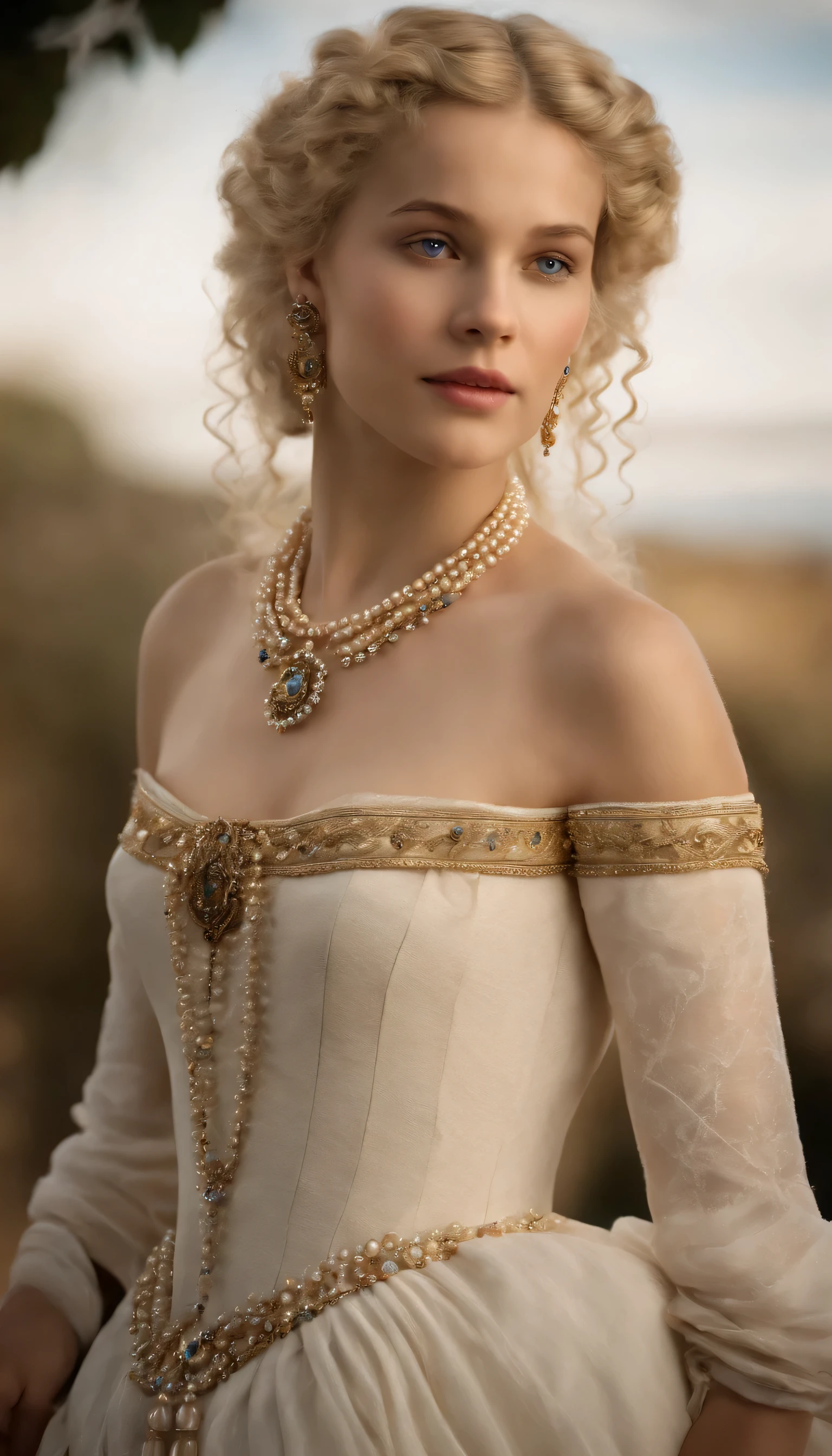 Imagem de um Valois, a young French courtesan of the sixteenth century of the thirteenth century, de 16 anosua beleza e charme . Blonde with white hair and beautiful expressive blue curly eyes with small strands and braids. She is dressed in an exquisite dress with white details with pearls and gold, com um decote mergulhante. Joias finas, colar com muitas perolas e safiras, brincos de perolas e aneis em seus dedos. (melhor qualidade,ultra-realistic:1.2),A high resolution ,ultra-detalhado,