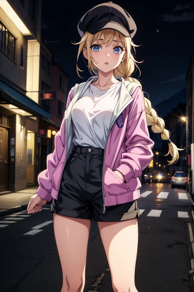 a blonde haired female character with blue eyes and purple hair standing on a city street, 1girl, blonde hair, braid, hat, long hair, white shirt, shorts, shirt, jacket, looking at viewer, solo, black shorts, outdoors, breasts, night, open clothes, parted lips, open jacket, short shorts, black headwear