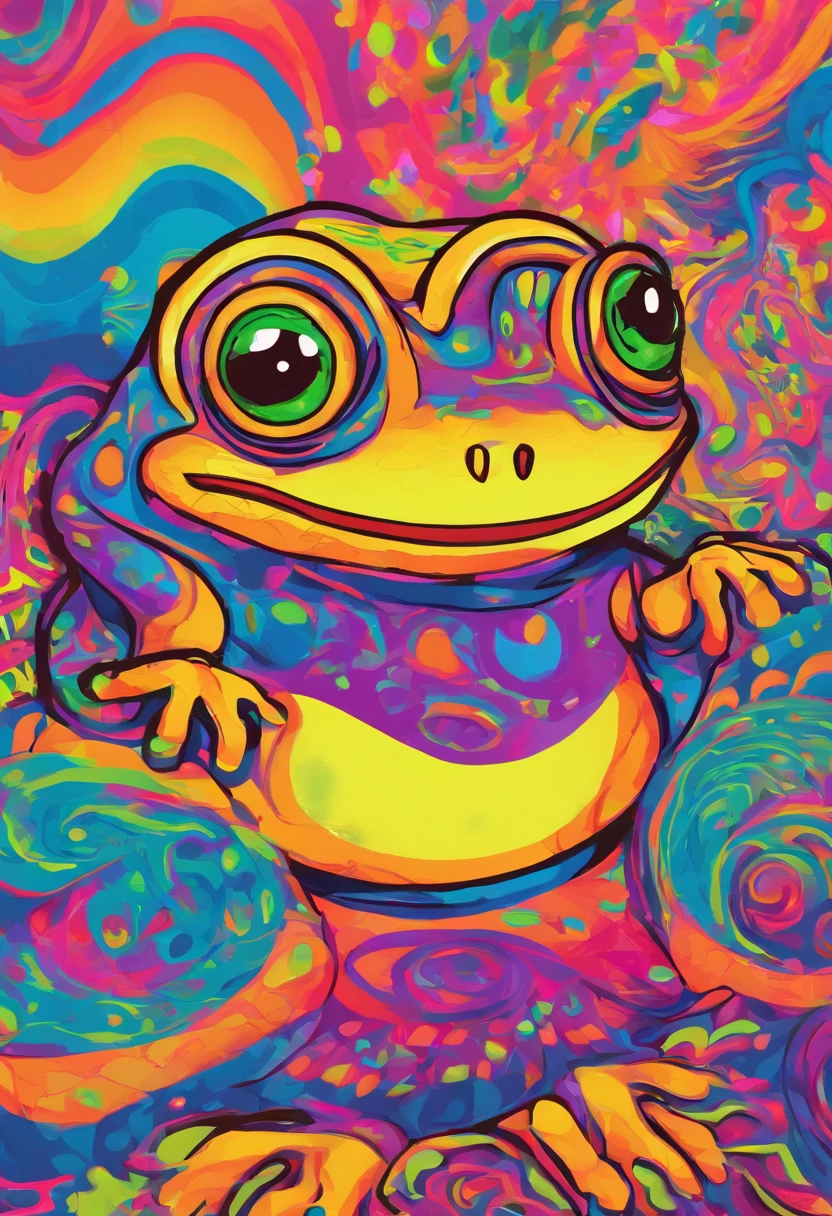 create a NFT of a frog. It is smart and wears a hat. He is happy and looking at a gold coin. The NFT should be in a basic drawing style.