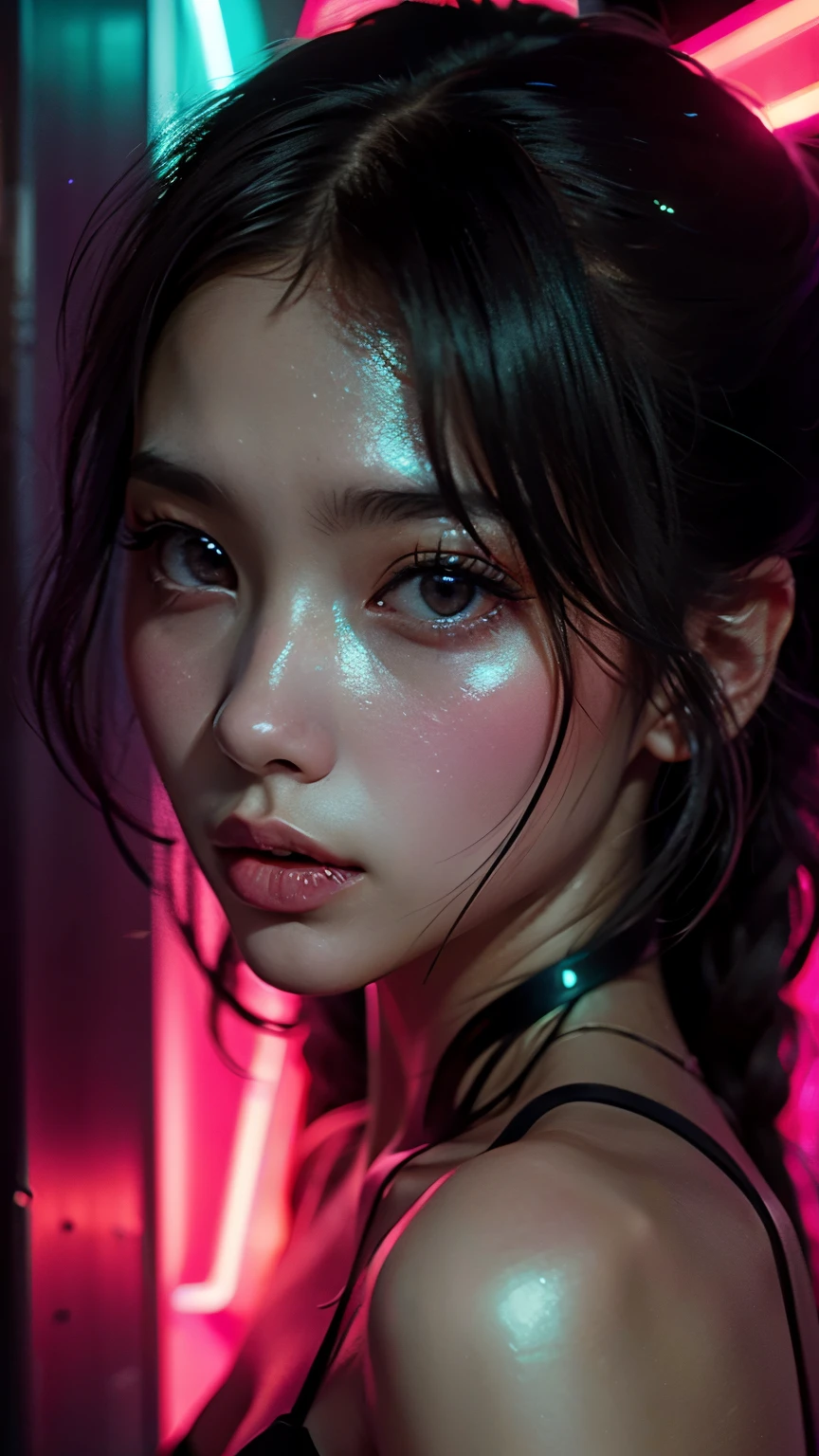身穿比基尼的阿拉菲女子在Neon前摆姿势, Neon and Dark, glowing neon lights, glowing neon lights skin, Portrait of a girl with light waves, Neon, Neon, subtle Neoning, Brilliant D&#39;colored light, Neoning, Gorgeous cyberpunk light, Neon night, glow of Neons, soft neon atmosphere, Neon Cyberpunk Highlights, with Neons