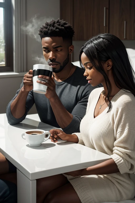 black man and white woman sitting back on bed both enjoying hot cups of coffee with white swirls of mist rising from their cups