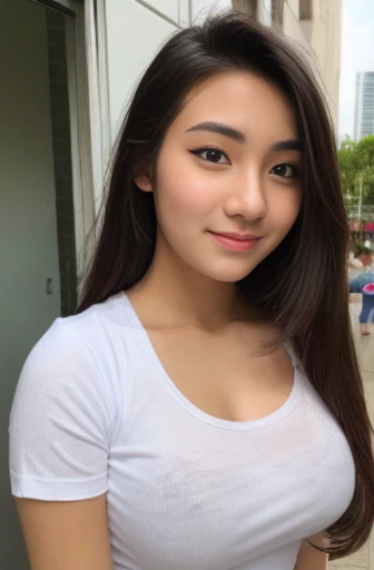 20 years old woman, (photorealistic:1.4, realistic), highly detailed CG unified 8K wallpapers, 1girl, (thick body:0.8), face infront of camera, (HQ skin:1.4), 8k uhd, dslr, soft lighting, high quality, film grain, Fujifilm XT3, (((thin tight t-shirt))), (black long hair), ample cleavage, medium bulged breasts, full body shots, blushy face, balcony background 