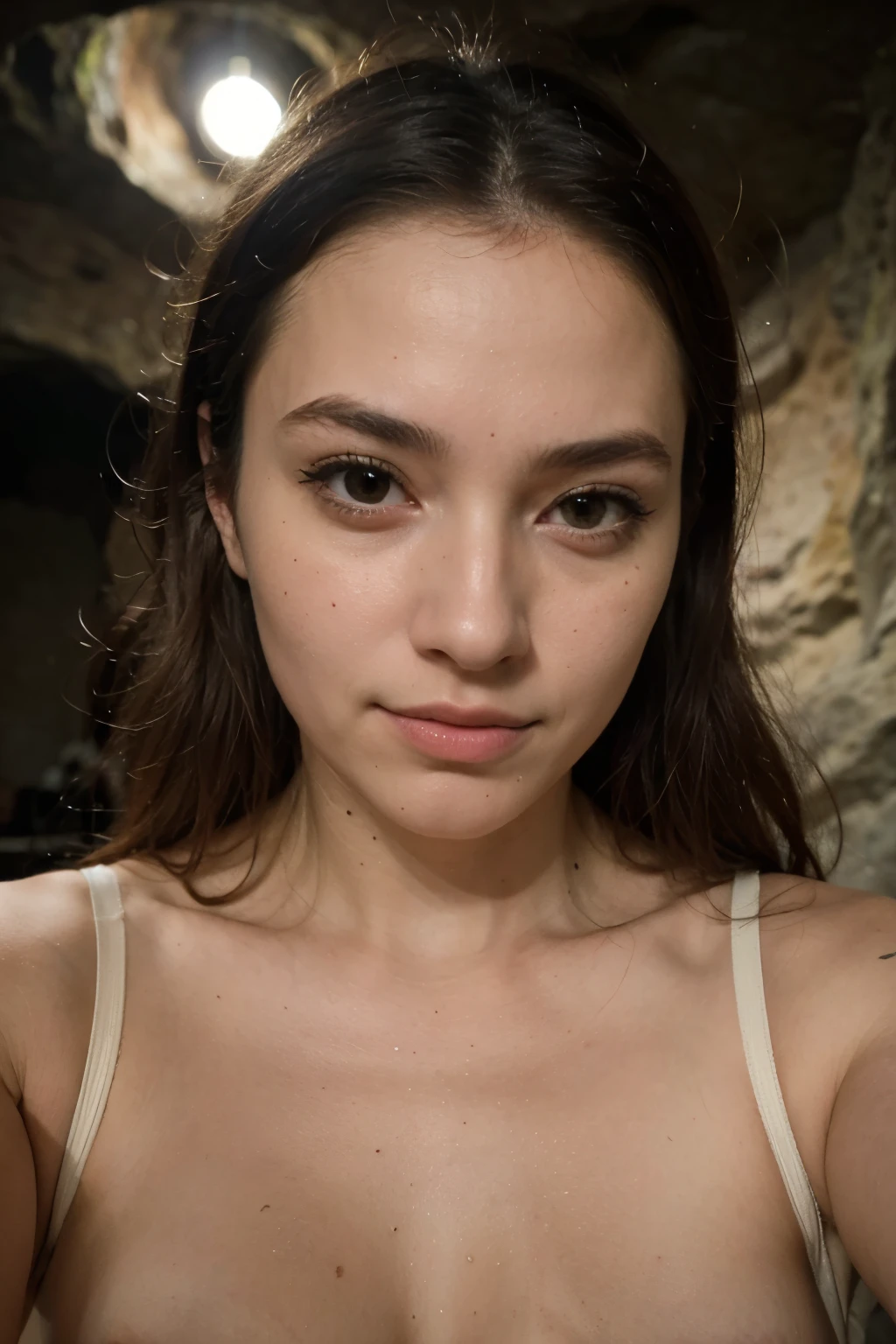 ((melhor qualidade)), ((obra de arte)), (detalhado), rosto perfeito. ((best quality)), ((masterpiece)), (detailed), perfect facea full body close-up selfie inside a cave a woman without a bra