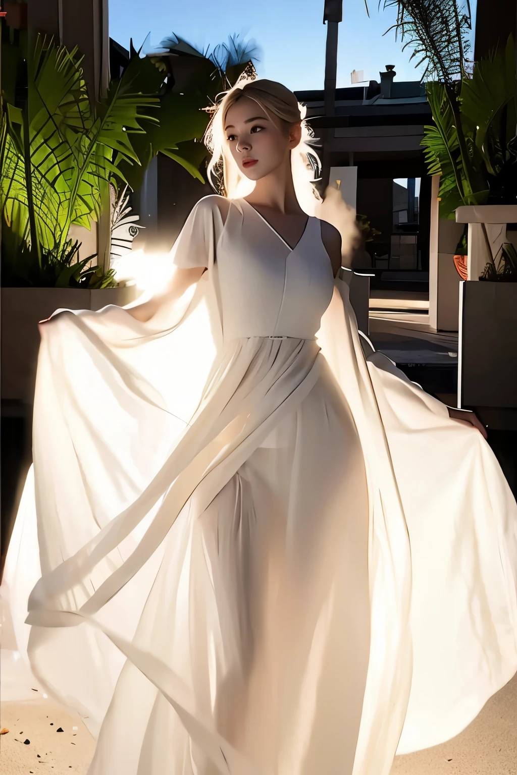 (masterpiece, best quality:1.2), 1girl, solo, delicate face, white-skinned female, see-through silhouette, white dress, full body, outdoor