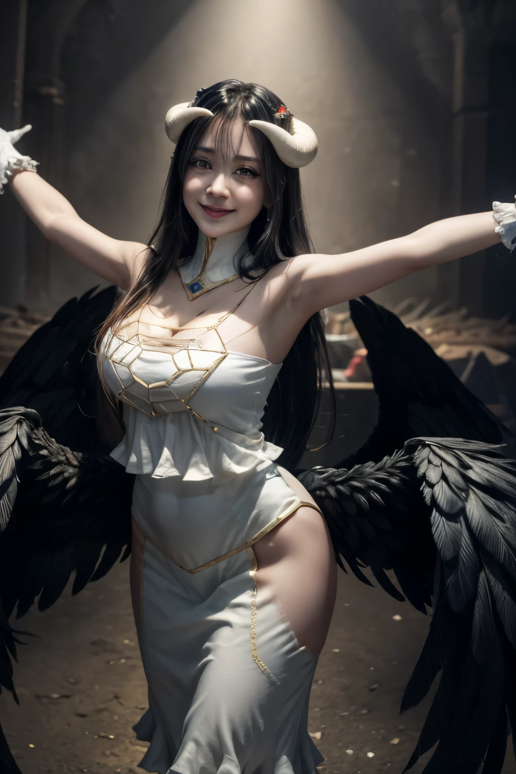 masterpiece, best quality, highres, al1, demon horns, slit pupils, white gloves, white dress, bare shoulders, detached collar, cleavage, black wings, feathered wings, low wings, cowboy shot, standing, dungeon, evil smile, reaching out, spread arms, outstretched arms,