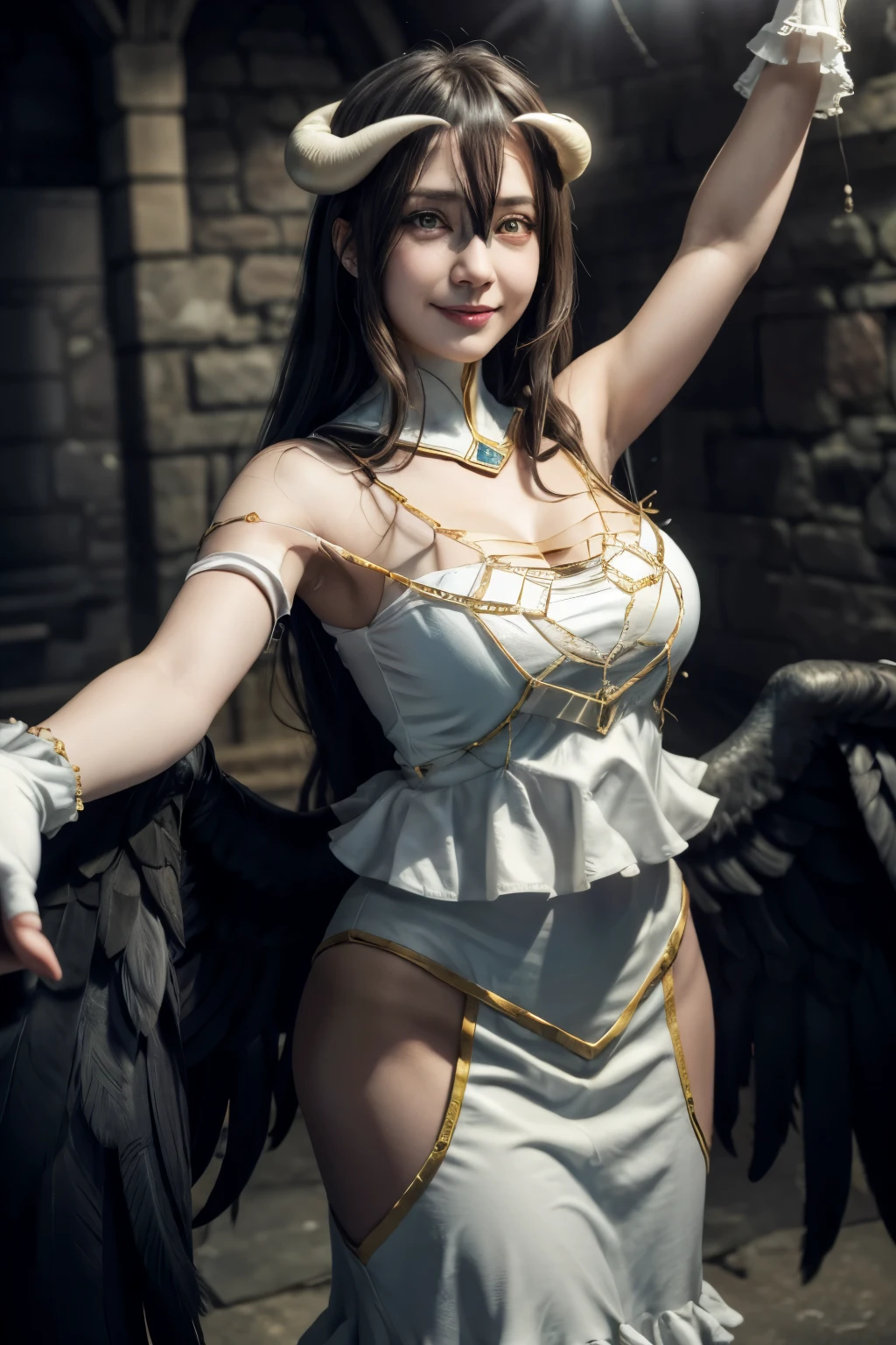 masterpiece, best quality, highres, al1, demon horns, slit pupils, white gloves, white dress, bare shoulders, detached collar, cleavage, black wings, feathered wings, low wings, cowboy shot, standing, dungeon, evil smile, reaching out, spread arms, outstretched arms,