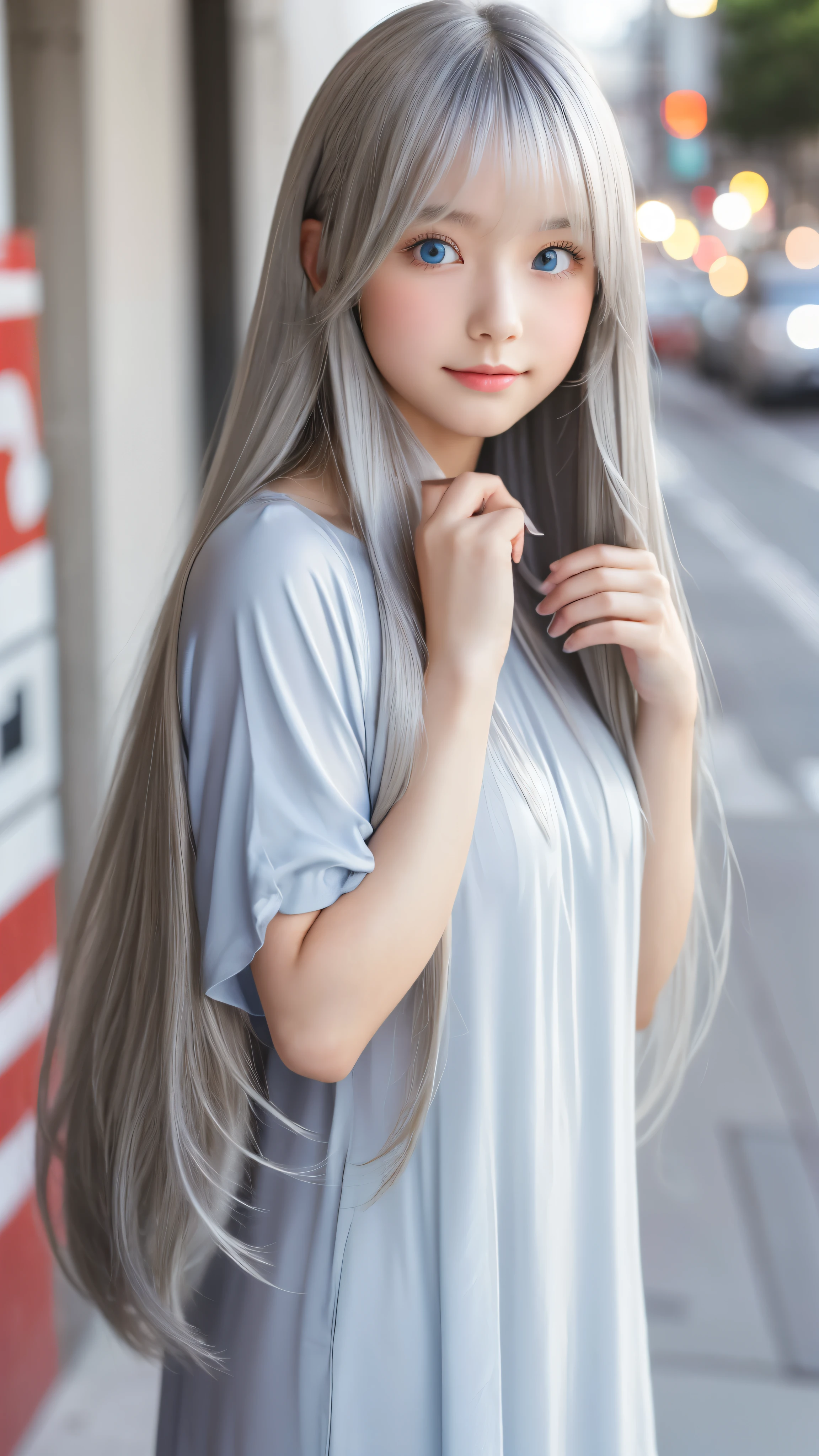 Shining, clear, white skin、Her windblown silver hair hides her beautiful face.、huge、28 years old cute sexy little beautiful face、Beautiful straight hair that stands out、growing up, Sparkling light blue eyes、long silky bangs that cover cute eyes, Sexy and cute young woman with super long hair hiding her sexy face、super long silver hair