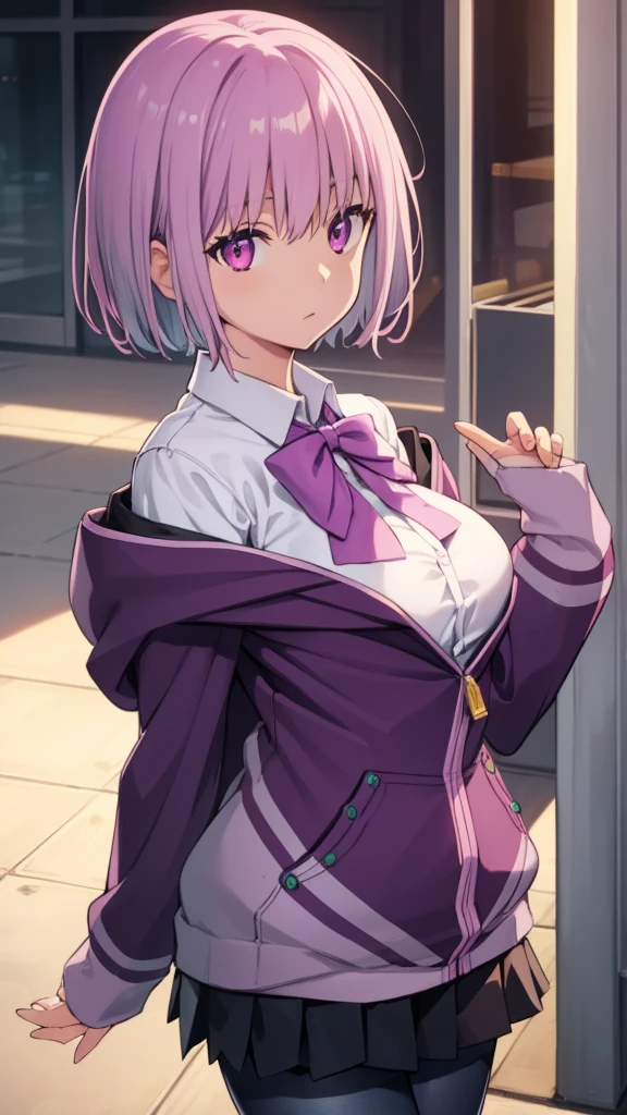 akaneshinjou, shinjou akane, Light purple hair, (Pink Eyes:1.2), short hair,
break black pantyhose, bow, collared shirt, Food, Fooded Jacket, Jacket, Open clothes, open Jacket, open shirt, pantyhose, purple bow, purple Jacket, , shirt, Sleeves are longer than the wrist, unbuttoned shirt, white shirt,
break indoors, city,
break looking at viewer, break (masterpiece:1.2), highest quality, High resolution, unity 8k wallpaper, (figure:0.8), (Beautiful fine details:1.6), Highly detailed face, Perfect lighting, Highly detailed CG, (Perfect hands, Perfect Anatomy),