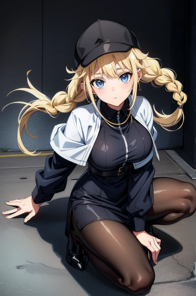 (((grayscale)))(masterpiece:1.2, best quality), (graffiti wall:1.15), 1lady, beanie, jacket, Leggings, blue eyes, fullbody,1 girl, Panty shot,1girl, white capelet, blonde hair, low twintails, long hair, blue eyes, white hairband, triangle earrings, large breasts, hair behind ear, jewelry, blue dress, military uniform, bangs, black pantyhose, mitsuba1,Eiko Tsukimi, blue eyes, braid, twin braid,(((blonde hair))),baseball cap