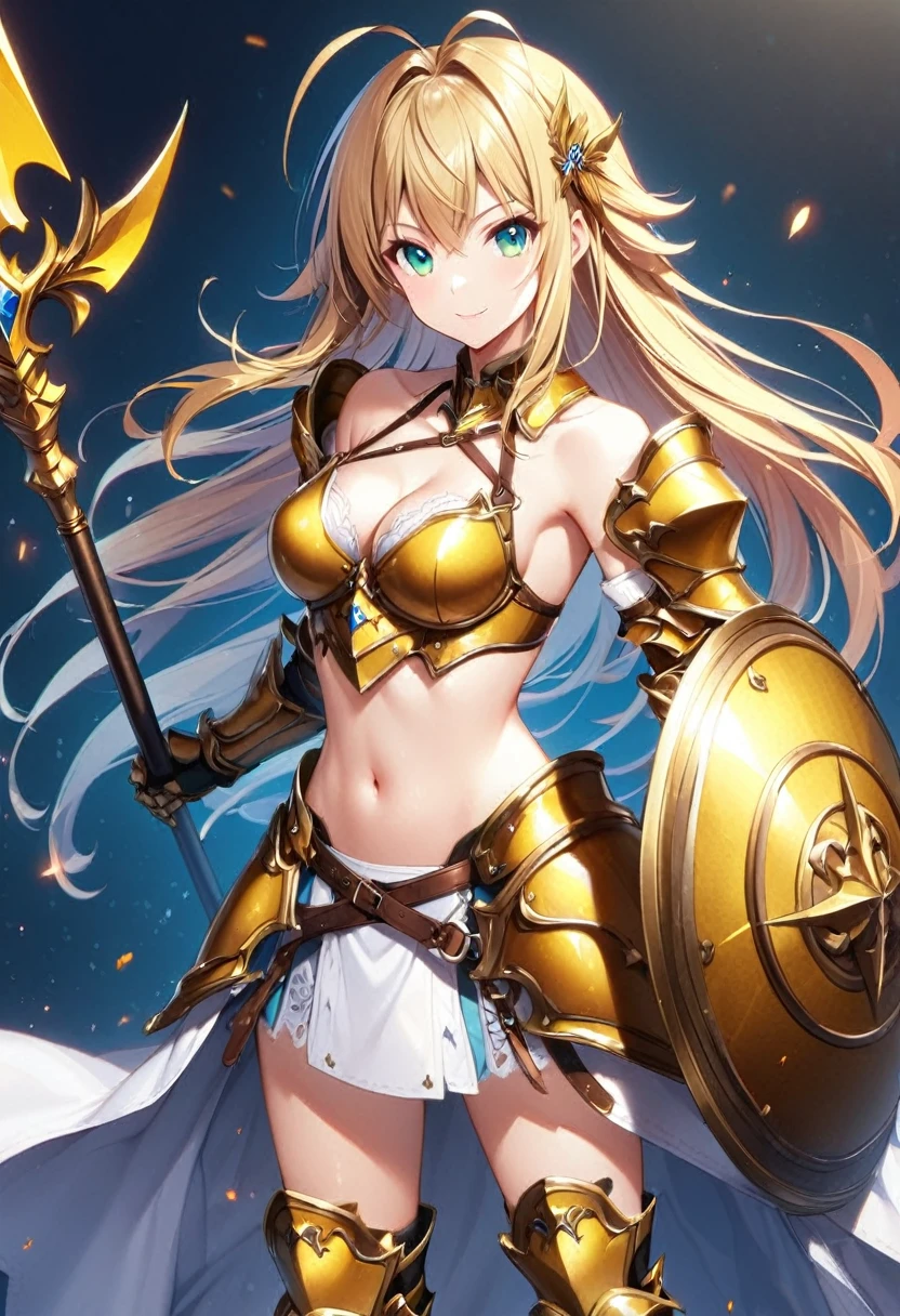 1girl, solo, long-hair, shield, blonde-hair, weapon, armor, polearm, breasts, navel, full-body, boots, black-background, looking-at-viewer, cleavage, holding, spear, medium-breasts, holding-weapon, armored-boots, midriff, bare-shoulders, simple-background, antenna-hair, high-heels, green-eyes, standing, hair-ornament, gauntlets, greaves, bikini-armor, holding-polearm, skirt, holding-shield, gloves, collarbone, blue-eyes, very-long-hair, aqua-eyes, high-heel-boots, floating-hair, smile elbow-gloves, ((golden armor))