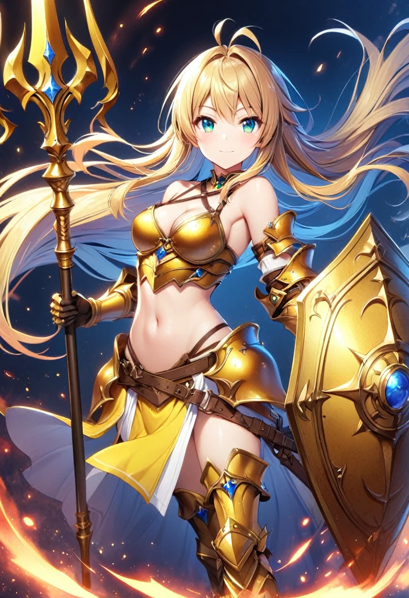 1girl, solo, long-hair, shield, blonde-hair, weapon, armor, polearm, breasts, navel, full-body, boots, black-background, looking-at-viewer, cleavage, holding, spear, medium-breasts, holding-weapon, armored-boots, midriff, bare-shoulders, simple-background, antenna-hair, high-heels, green-eyes, standing, hair-ornament, gauntlets, greaves, bikini-armor, holding-polearm, skirt, holding-shield, gloves, collarbone, blue-eyes, very-long-hair, aqua-eyes, high-heel-boots, floating-hair, smile elbow-gloves, ((golden armor))