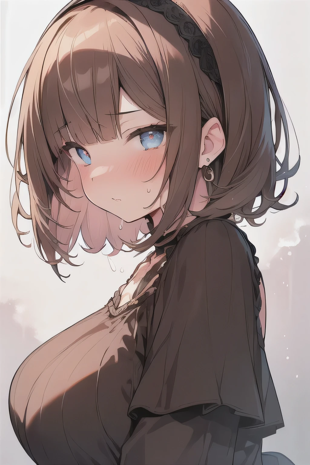 (best quality), (Super detailed), (Best Illustration), (1woman), look at viewer, from side, (off shoulder top), (Big Breasts:1.2), {brown hair, (bob cut:1.2), curly hair, hairs between eyes}, {(detailed eyes), heart-shaped pupils, blue eyes}, blush, sweat, steam, earrings, hairband,