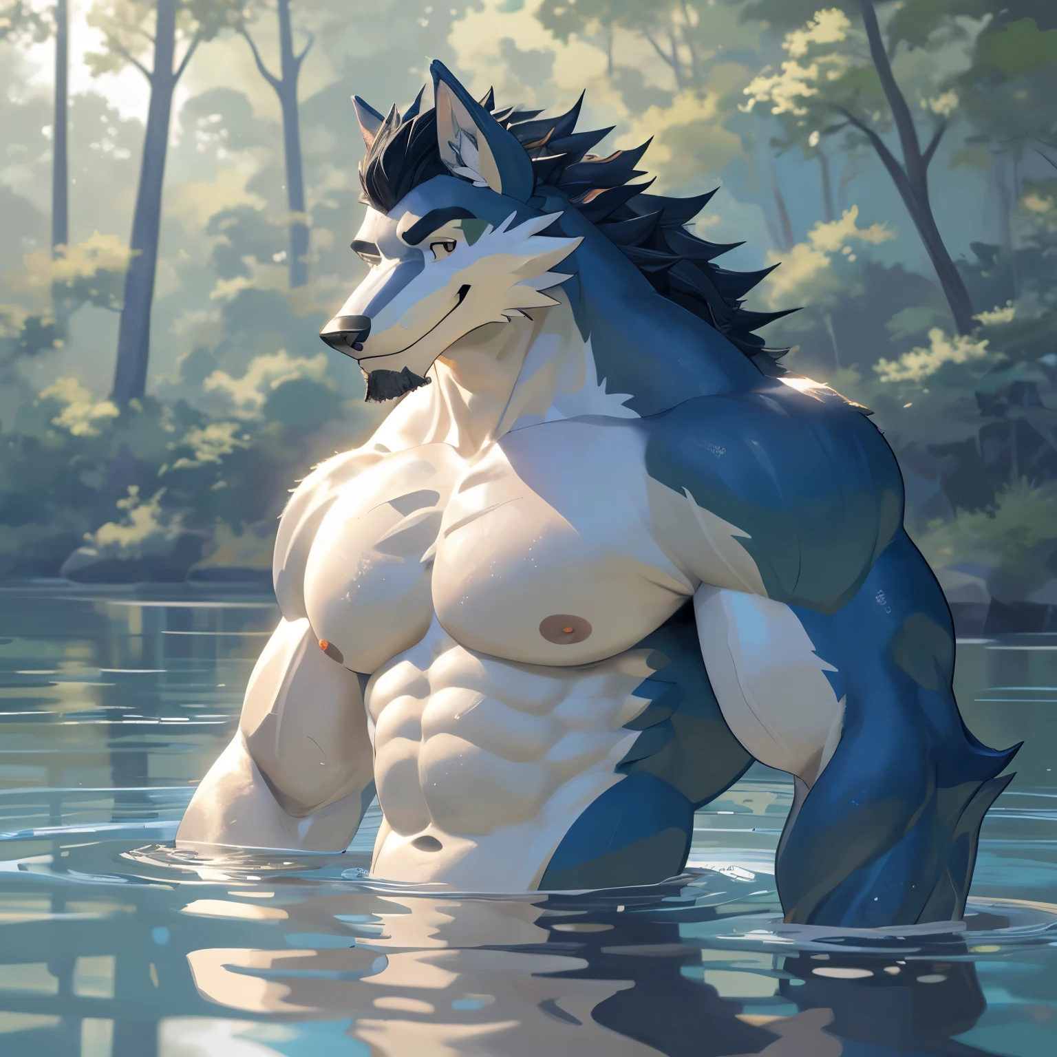 by zixiong, (1boy), solo, male, kemono, (blue wolf), white countershading, naked, handsome, muscular, adult, hunk, hot body, (detailed blue eyes), detailed face, white eyebrows, (a detailed big hard penis), erection, thick body, nipples, full body; masterpiece, high res, best quality, 8k, nsfw, lineart, swimming pool