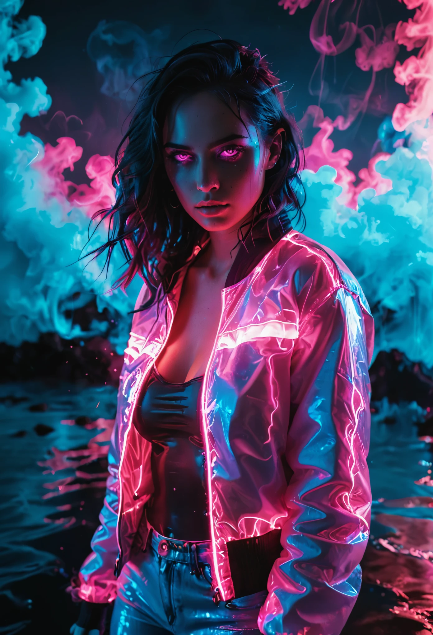 glowneon, glowing jacket on dark figure, emitting liquid light, vibrant blue and pink, glowing eyes, cinematic film still, neon vaporwave background, water everywhere, smoke behind her